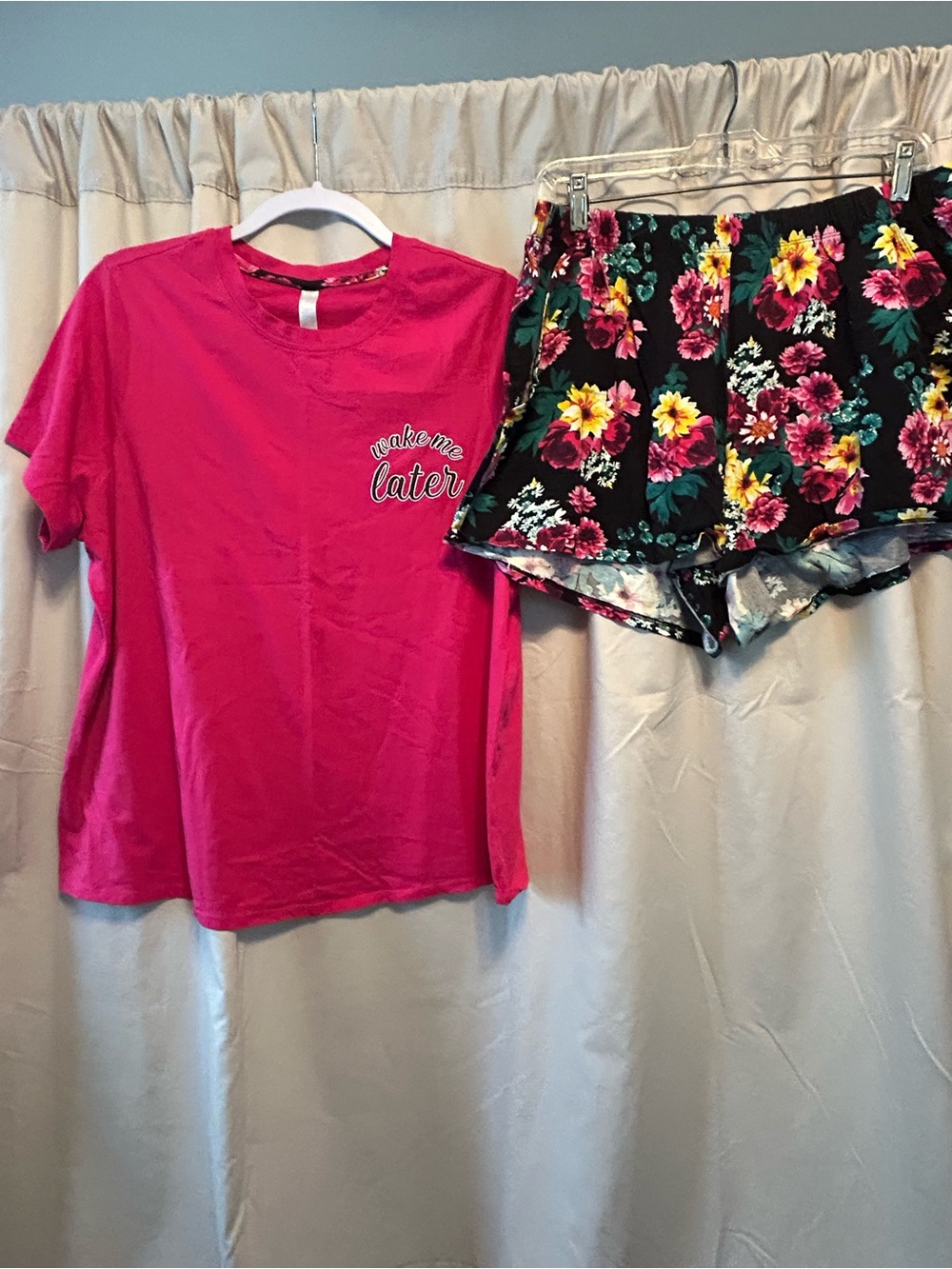 Cacique Hot Pink Short Sleeve Tee with Black Floral Lounge Shorts